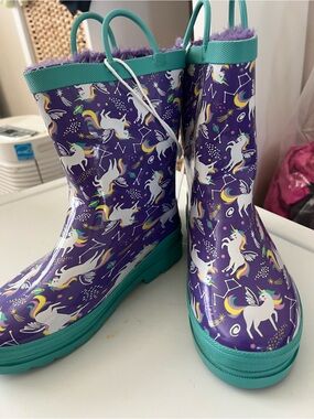 Lily & Dan Purple Unicorn fur-lined Rain Boots with Teal Trim